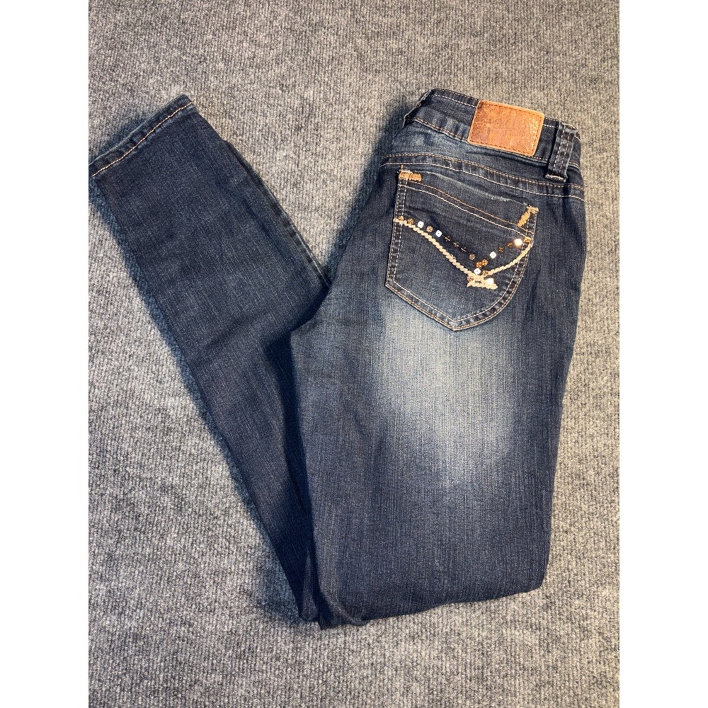Jade Jeans Women's 7/8 Blue‎ Denim Low Rise Skinny Outline Stitch Sequin Pocket